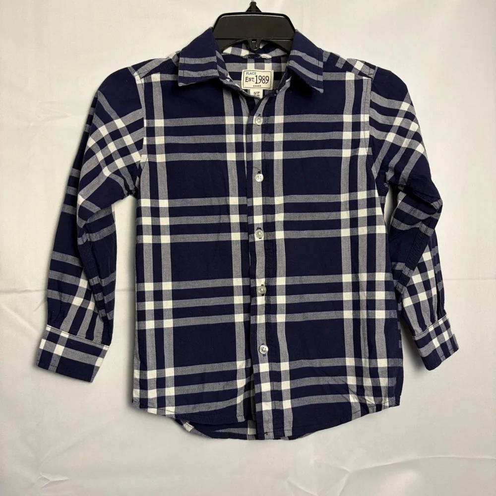 The Childrens Place Boys Navy Blue White Plaid Button Down Shirt Size S 5/6